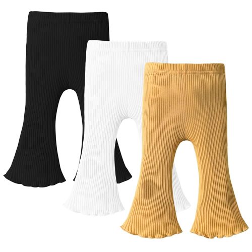 DREAM BUS 3 Pack Baby Girl Pants Toddler Leggings Solid Ribbed Cotton Baby Girls Flare Pants Toddler Bell Bottoms