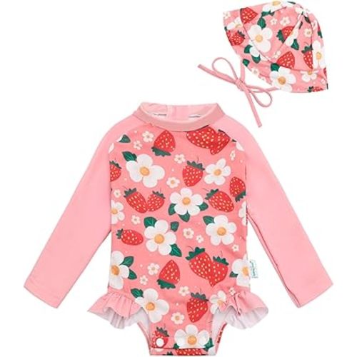 babygoal Ensemble de maillot de bain pour bébé fille en une pièce avec fermeture éclair, manches longues, protège-éruptions cutanées avec chapeau, protection solaire UPF 50+