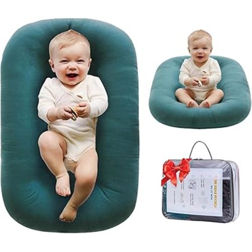 Baby Lounger for Newborn (0-24 Months), 100% Breathable Cotton Baby Nest, 3-in-1 Infant Lounger & Play Mat & Diaper Changing Pad, Portable for Home & Travel(Peacock Green)