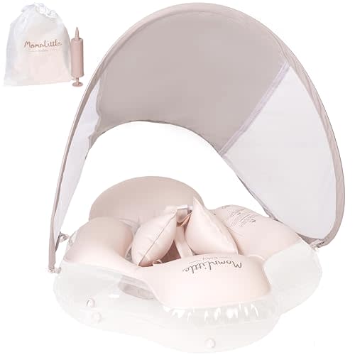 MomnLittle Inflatable Baby Pool Float with Sun Canopy, UPF 50+ UV Protection, Safety Harness and Bottom Support, Dual Air Chambers, Stabilizing Tail, No Flip Over Swimming Pool Toys