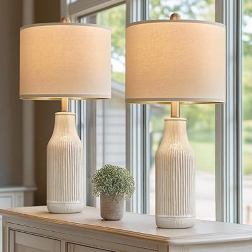 23.75 inches Modern Ceramic Table Lamp Set of 2 for Living Room, Farmhouse Bedside Nightstand Lamp for Bedroom Home Office Dorm