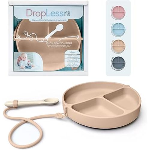 DropLess Plate – Silicone Baby Plate with Suction & Utensil Tether | No More Dropped Spoons or Forks | Toddler Suction Plate | BPA-Free | Microwave & Dishwasher Safe | 100% Food Grade | Beige