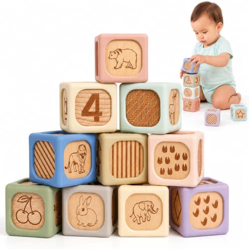 Silicone Wooden Baby Blocks, 10PCS Montessori Stacking Blocks for Babies 6M+, Food-Grade Silicone Baby Toy with Natural Wood, Soft Chewable Sensory Learning Toy with Animals