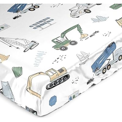 Sweet Jojo Designs Green Blue Construction Truck Boy Baby Satin Fitted Crib Sheet Infant Newborn Nursery Toddler Bed Room Standard Mattress Transportation Zone Vehicles Bulldozer Tractor Black White