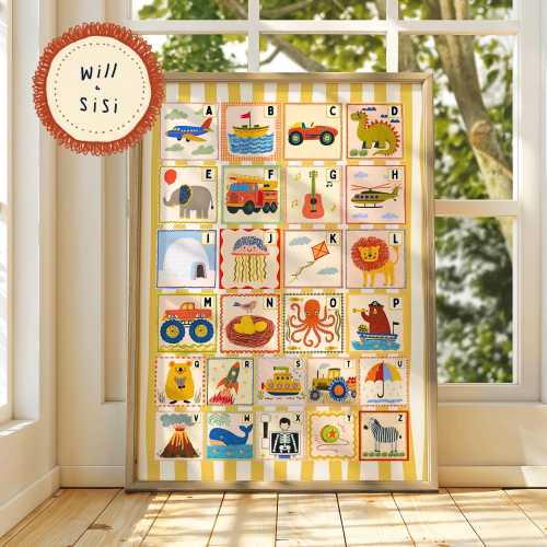 Whimsical Alphabet Nursery Art A to Z Kid Wall Print Playroom Learning Illustration Colourful Toddler Room Decor ABC Educational Poster | 01