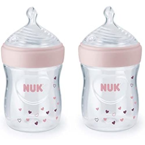 NUK Simply Natural Baby Bottle with SafeTemp, 5 oz, 2 Pack, Pink Hearts