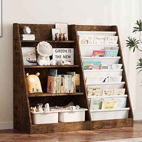 NACHES 4 Tier Kid Bookshelf Wooden 6 Sling Children Bookcase Toddler Montessori Bookcase Book Rack Display Toy Storage Organizer Adjustable Book Display Shelf Stand Classroom Bedroom Nursery Playroom