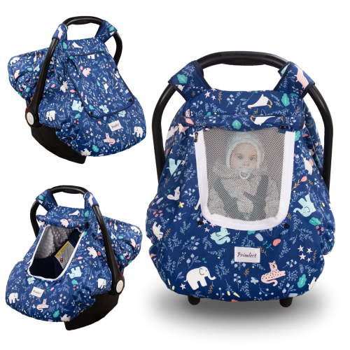 Beavtaens 3-in-1 Baby Car Seat Cover, Winter Carseat Canopy, Soft and Breathable (Blue Animals)