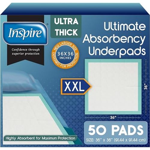 Inspire Super Absorbent Disposable Bed Pads for Chronic Incontinence Ultra Thick and Absorbent Bed Pads Disposable Adult | Pee Pads for Adults (36" X 36" Pack of 50) XX Large