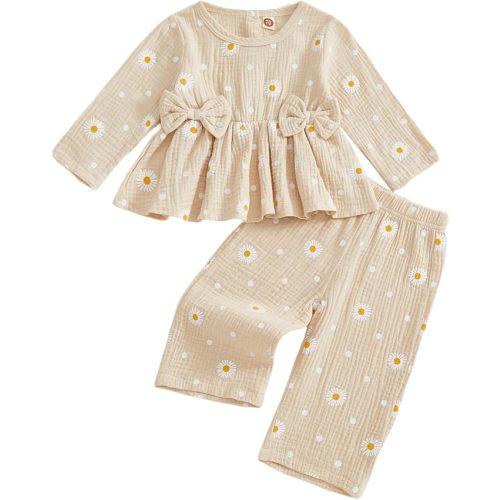 Kaipiclos Baby Girl Clothes Toddler Girl Outfit Bows Ruffle Shirt Pants Cotton Linen Baby Clothes for Girls 12 18 24 Month 3T