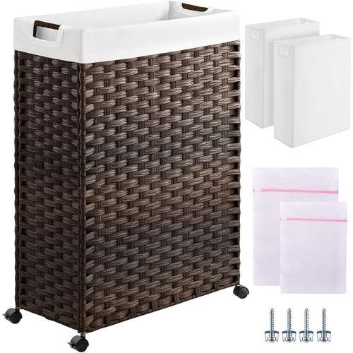 Greenstell Laundry Hamper with Wheels & Handles, 26.4 Gallon (100L) Slim Laundry Basket with 2 Removable Liner Bags & 2 Mesh Bags, Foldable Narrow Clothes Hamper for Bedroom, Bathroom, Closet, Brown