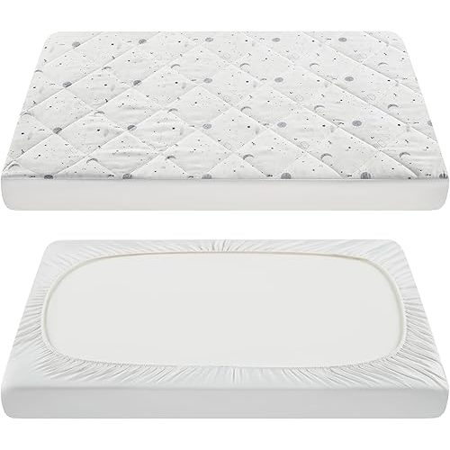 TILLYOU Pack and Play Sheets for Toddler Mattress, Mini Crib Sheets Fitted Up to 3" Deep, Breathable and Soft fit 39"x27", The Little Sun