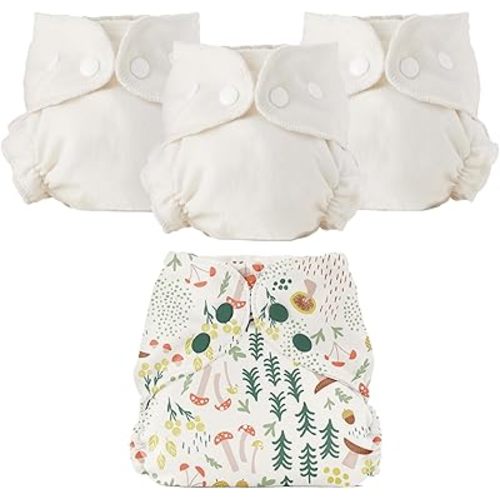 Esembly Cloth Diaper Bundle Set - 3 Organic Cotton Absorbent Inners and 1 Waterproof Outer Diaper Cover - Reusable, Washable, Snap Closure Cloth Diapers - Size 2 (18-35lbs), Fantastic Fungi