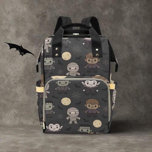 Gothic Diaper Bag Backpack – Classic Monsters Baby Bag – Spooky Baby Bag, Horror Mom Gift, Halloween Mummy Vampire Backpack