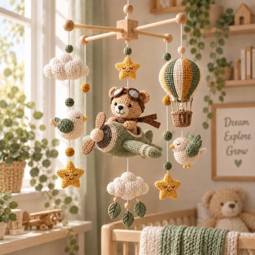 Crochet Airplane Baby Mobile, Pilot Teddy Crib Mobile, Hot Air Balloon Nursery Decor, Aviation Baby Shower Gift, Adventure Nursery