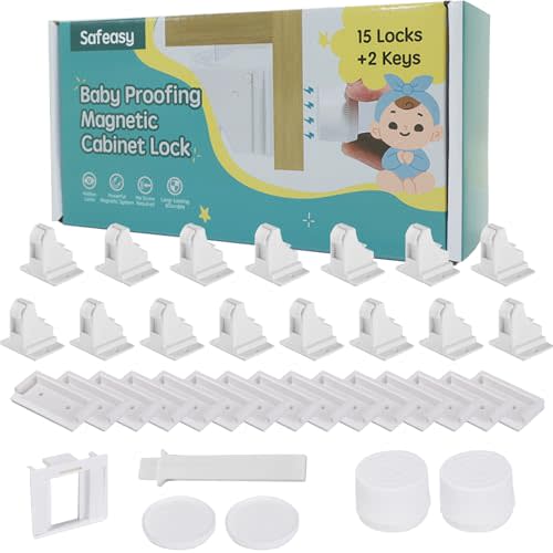 15 Pack Magnetic Cabinet Locks Baby Proofing - Safeasy Child Safety Latches for Cabinets, Drawers & Cupboards - Quick-Adhesive Installation (15 Locks + 2 Keys)