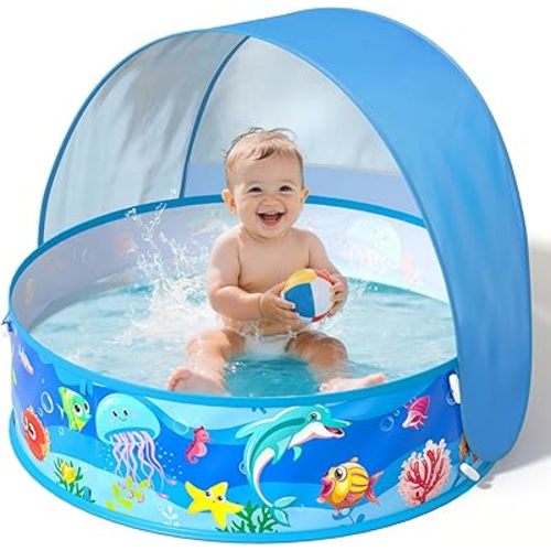 Baby Beach Tent, Pop-Up Above Ground Pool, Foldable Kiddie Pool with Sun Shelter Canopy for Ages 9-48 Months, Toddler Wading Pool, Portable Water Play Sum Toys for Outdoor Activity