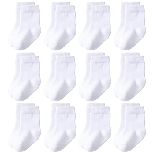 Baby Crew Socks 12-Pack,Newborn Baby Boys Girls Socks 0-3/3-6 Months,No Polyester,Soft Skin-Friendly,Combed Cotton
