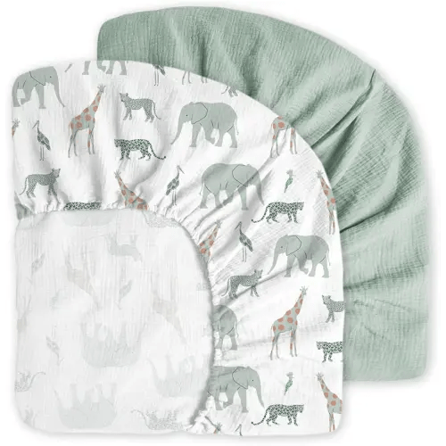Little Grape Land Muslin Crib Sheets Fitted for Boys and Girls 2 Pack, 100% Cotton Baby Bed Sheets Soft Breathable, Neutral Fitted Baby Mattress Sheets for Standard Crib 52x28, Safari