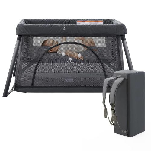 Travel Crib,Portable Crib for Baby, Pack and Play for Babies and Toddler, Lightweight Backpack Design,Foldable Travel Baby Playpen with Mattress(Dark Grey)