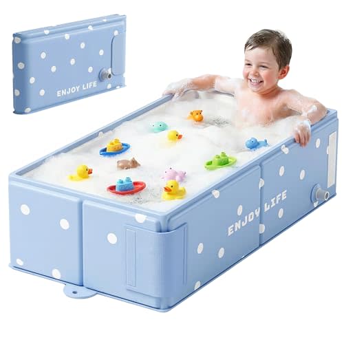 Collapsible Baby Bathtub for Newborn to Toddler, Foldable Toddler Bathtub with Drain Plug, Non-Slip Portable Infant Bath Tub for Travel Storage Outdoor Use, Blue Polka Dot
