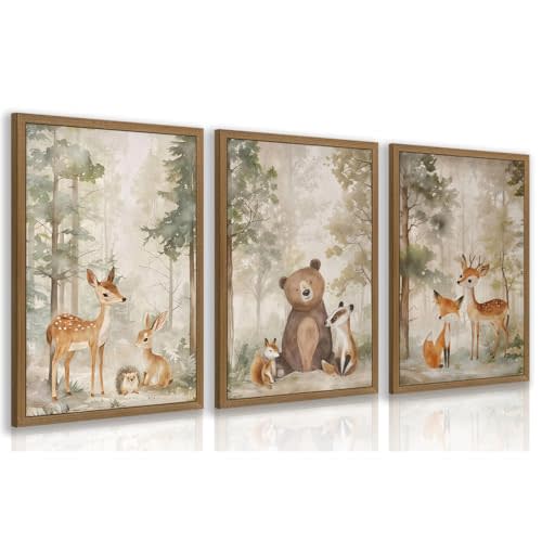 Clicyre Woodland Animal Wall Art Set of 3, Teddy Bear Nursery Wall Decor, Cute Deer Fox Bear Canvas Prints, Rustic Wildlife Forest Artwork for Boys Girls Nursery Bedroom Wood Framed 12x16 Inch