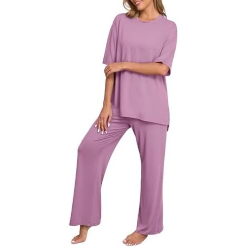 PrinStory Womens Pajamas Sets 2 Piece Lounge Set Short Sleeve Tops and Long Pants Soft Pjs Loungewear with Pockets
