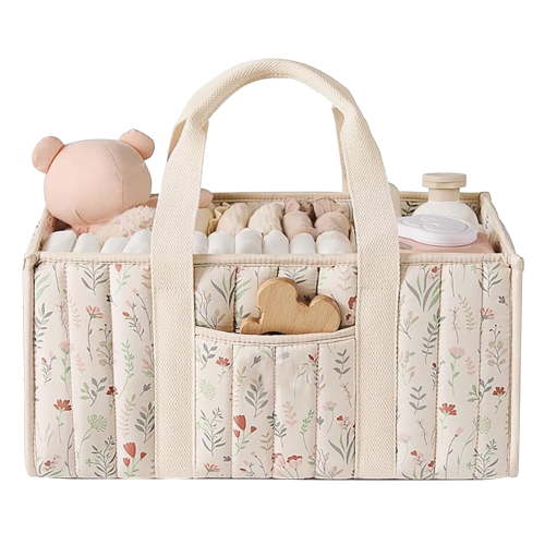 HUISZJ Floral Diaper Caddy Organizer, Stylish Nursery Storage Basket with Handle, Reusable Storage Bag for Newborn Work Travel Outdoor (Beige)