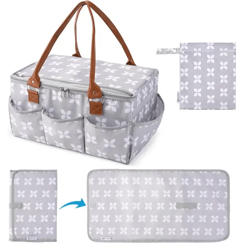 Moteph Diaper Caddy Organizer - Baby Caddy with Lid & Changing Mat, Car Diaper Caddy, Large Nursery Storage Diaper Tote Basket for Changing Table with Zip-Top Cover, Great for Baby Showers - Grey