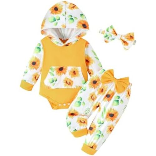 Newborn Infant Baby Girl Clothes 0-3-6-9-12-18 Months Outfits Sets Hoodie Romper + Pants + Bow Headband for Girls