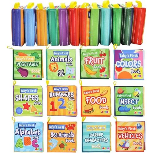 JOYIN 12 Pcs Bath Books, Nontoxic Fabric Soft Crinkly Cloth Books, Waterproof, Bathtub Pool and Early Education First Toys for Infant Newborn Baby Toddlers Kids Birthday Gifts