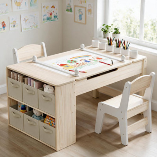 Philippe Kids Art Table & Chair Set, 3-in-1 Wooden Activity Craft Table with 2 Chairs, Large Storage Bins, Paper Roll Holder & Paint Cups, Toddler Drawing Painting Play Desk for Home Classroom Daycare | Wayfair