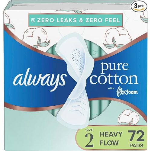 Always Pure Cotton Feminine Pads for Women, FlexFoam Pads with Wings, Size 2, Heavy Absorbency, Unscented, 72 Count (3 Packs of 24)