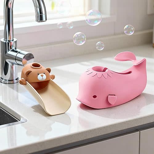 Skyroku Toddler Faucet Extender & Blue Bathtub Spout Cover, Sink Extender with Temperature Sensor for Bathroom Sinks, Kitchen, Bathtubs, Bundle and Save! (BrownPink)