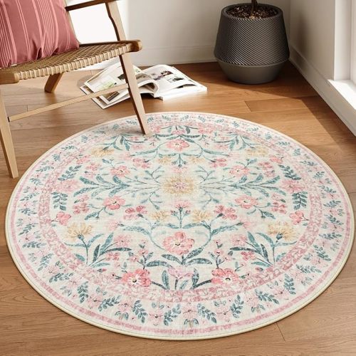 Lahome Sylvie Boho Light Pink Round Rug 4ft, Washable Small Circle Rugs for Bedroom Kids, Pink and Green Nursery Circular Carpet Girl Decor, Soft Non-Slip Round Carpet for Sunroom, Blush