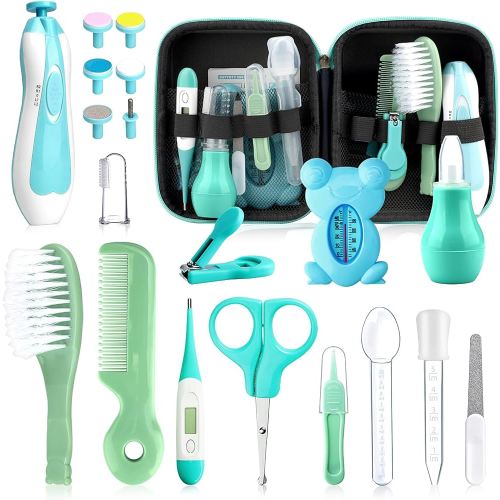 Baby Healthcare and Grooming Kit, 20 in 1 Portable Baby Safety Care Set with Hair Brush Comb Nasal Aspirator Electric Nail Trimmer Set Baby Essentials kit for Newborn Boys Girls (Green 20 in 1)
