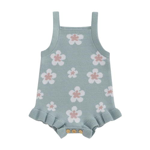 aturustex Toddler Baby Girls Knit Romper 0 3M 6M 12M 18M Infant Sleeveless Ruffle Trim Bodysuits Floral Print Knitted Jumpsuit Square Neck Cozy Rompertwear Outfits Kids Spring Summer Clothes