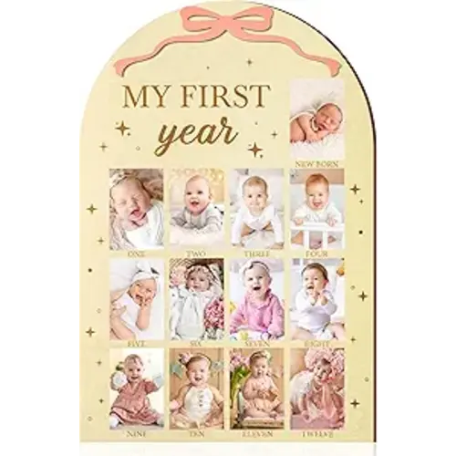 R HORSE My First Year Photo Frame Board, 3D Pink Bow Display Wood Board, Baby’s First Year 12 Months Milestone Sign 1st Birthday Frame Nursery Decor Keepsake Gift for Boy Girl