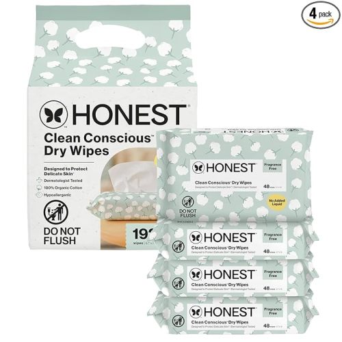 The Honest Company 100% Pure Organic Cotton Dry Wipes, Hypoallergenic, Multi-Use, Baby Facial Cloths, 192 Count
