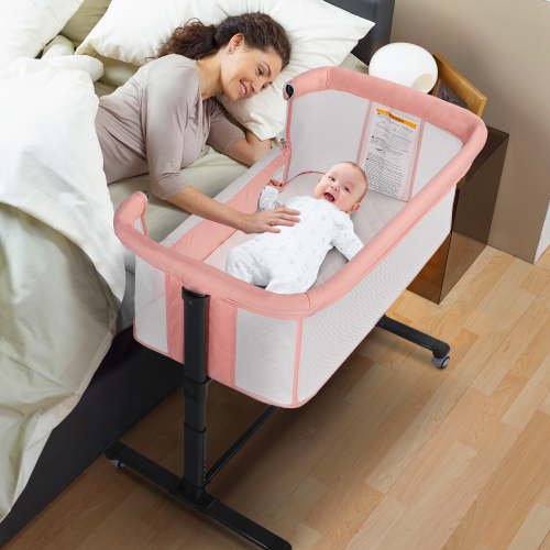 AILEEKISS Baby Bassinet with Wheels Adjustable Bedside Sleeper Bassinet Newborn Baby Crib, Pink