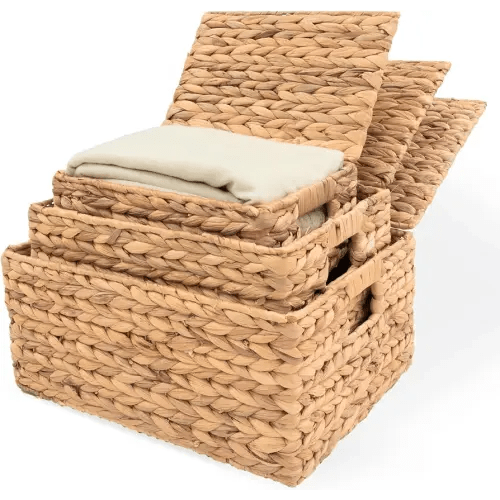 Wicker Storage Baskets with Lid, Basket With Lid Decorative Storage Rectangle 14"D X 11"W X 7"H Wicker Storage Basket With Lid Large Rattan Storage Box Hyacinth Baskets