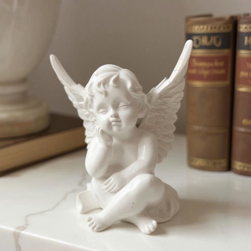 Sleeping Winged Angel Statue | Pensive Cherub Figurine | White Resin Sculpture | Aesthetic Home Decor | Desktop Angel Figurine Decor
