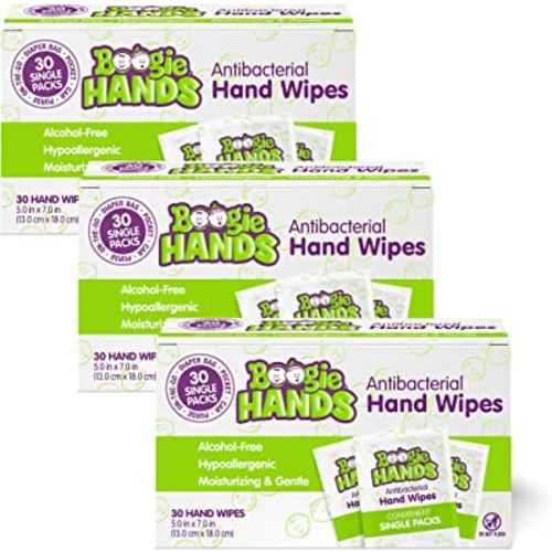 Hand Sanitizer Wipes by Boogie Wipes, Single Packs, Alcohol-Free, Hypoallergenic and Moisturizing Aloe, Boogie Hand Wipes for Adults and Kids, 30 Wipes (Pack of 3)