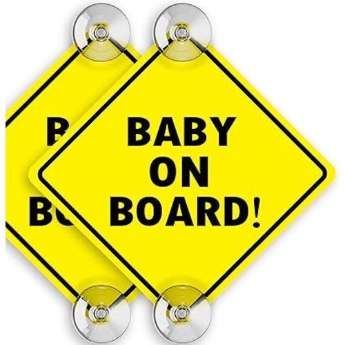 Baby On Board Sign with Suction Cups, 5" by 5" - Essential Safety Signs for Cars - Bright Yellow, Durable and Strong Suction