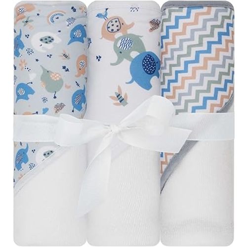 Hooded Baby Towels 3-Pack – Soft Baby Bath Towels with Hood for Newborns & Toddlers, Baby Hooded Towel Set, 30" x 26" (Little Trunks)