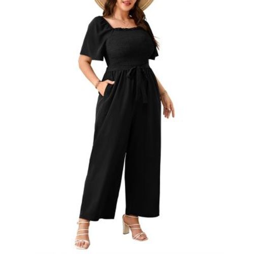 Coolmee Womens Plus Size Jumpsuits Dressy Casual Floral Spring Wide Leg Smocked Ruffle Sleeve Belted One Piece Romper Outfits Black 3XL