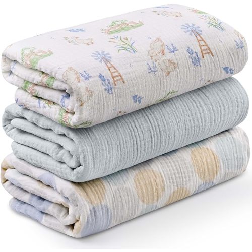 Muslin Swaddle Blankets for Newborn, 3 Pack Breathable Soft Receiving Blanket, Large 38 x 40 inches Swaddle Wrap Burping Clothes Diapers, Essentials Infant Shower Items, Toddler Gift (Cute Country)