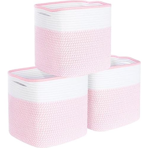 MINTWOOD Design 3-Pack 11x11 Inch Cube Storage Bin, Woven Storage Cube Organizer, Closet Organizer, Cute Square Storage Bins, Decorative Classroom Bathroom Pantry and Shelf Baskets, Light Pink