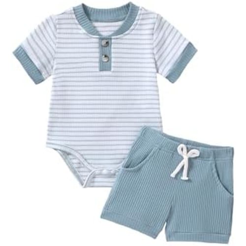 Baby Boy Clothes Short Sleeve Striped Romper Solid Short Set Ribbed Knitted Summer Outfit