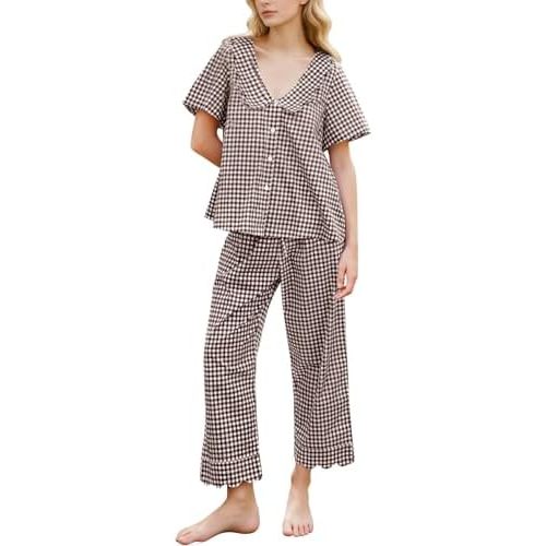 Kissonic Womens Gingham Pajama Set Cute Cotton Ruffle Pajamas Cozy Plaid Y2K Pjs Babydoll Sleepwear